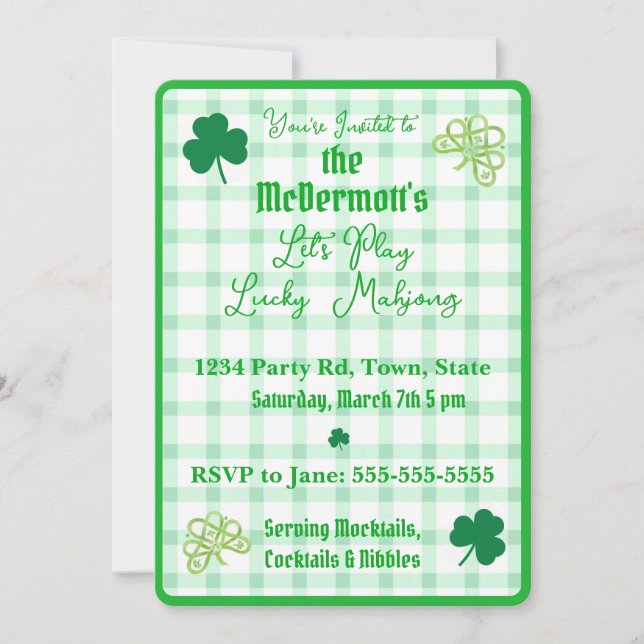 Invitación Playing Lucky Mahjong Watercolor Shamrocks  (Anverso)