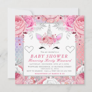 Invitación Plaza Baby Shower de plata rosa de Unicornio