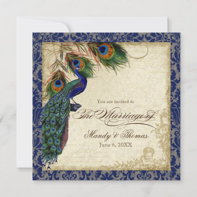 Invitación Plaza Boda de encaje azul de la marina Peacock & F (Anverso)