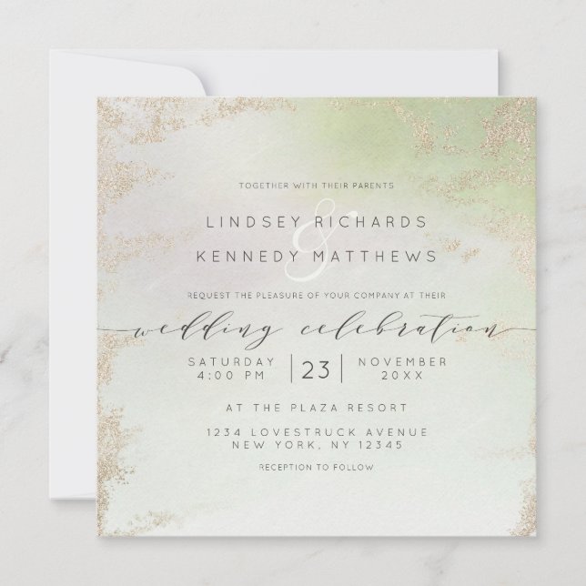 Invitación Plaza Boda de Moda de Relieve metalizado dorado ve (Anverso)