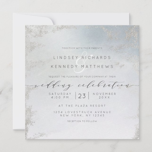 Invitación Plaza Boda de plata Ombre Dusty Blue Frost (Anverso)