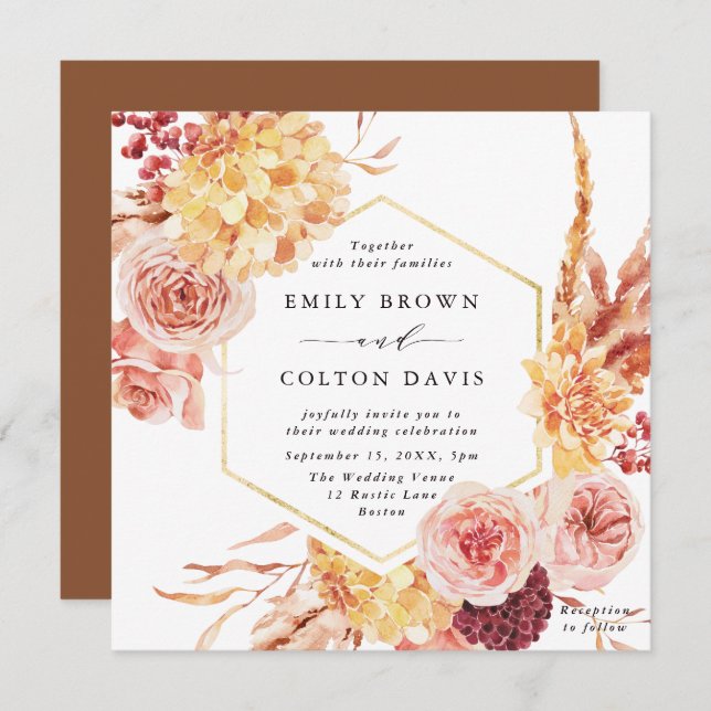 Invitación Plaza Boda floral de oro de Terracota Borgoña (Anverso / Reverso)