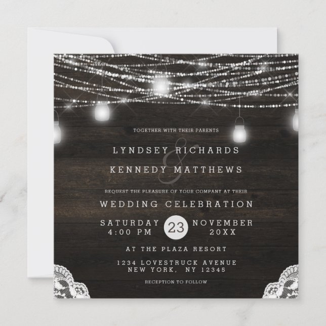 Invitación Plaza Boda Rústica de madera y encaje de roble (Anverso)