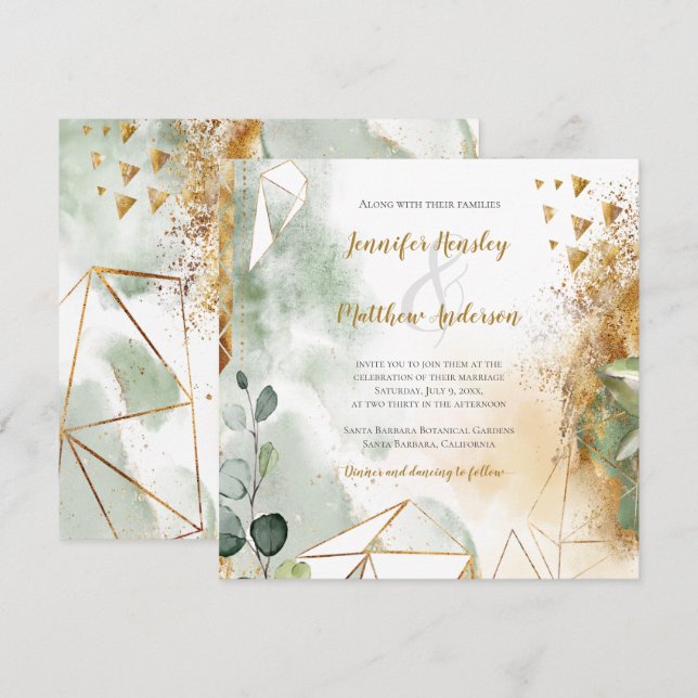 Invitación Plaza botánica de oro verde moderno| (Anverso / Reverso)