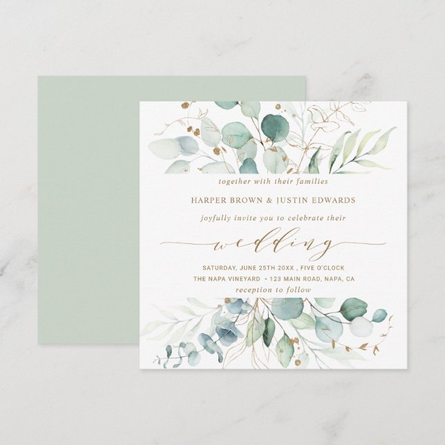 Invitación Plaza de Boda botánico elegante dorada y verde (Anverso / Reverso)