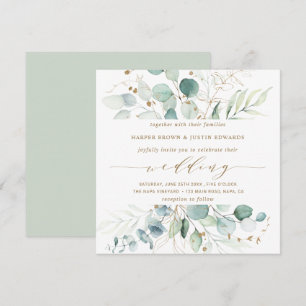 Invitación Plaza de Boda botánico elegante dorada y verde