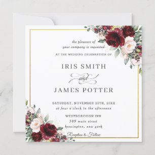 Invitación Plaza de Boda de oro floral de Rubor en Borgoña cl