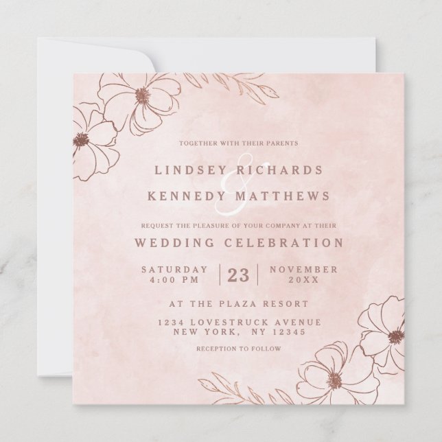 Invitación Plaza de Boda floral de Relieve metalizado dorado  (Anverso)