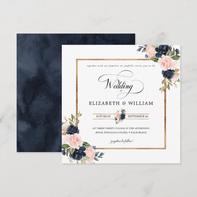 Invitación Plaza de Boda floral rosa azul marino y Rubor (Anverso / Reverso)