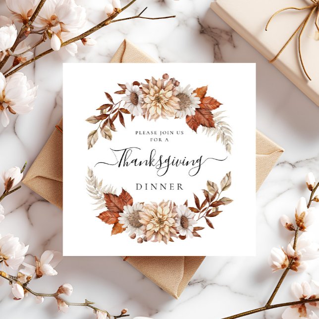 Invitación Plaza de Cena de Acción de Gracias de Otoño Rústic (Rustic Fall Floral Thanksgiving Dinner Square Invitation)