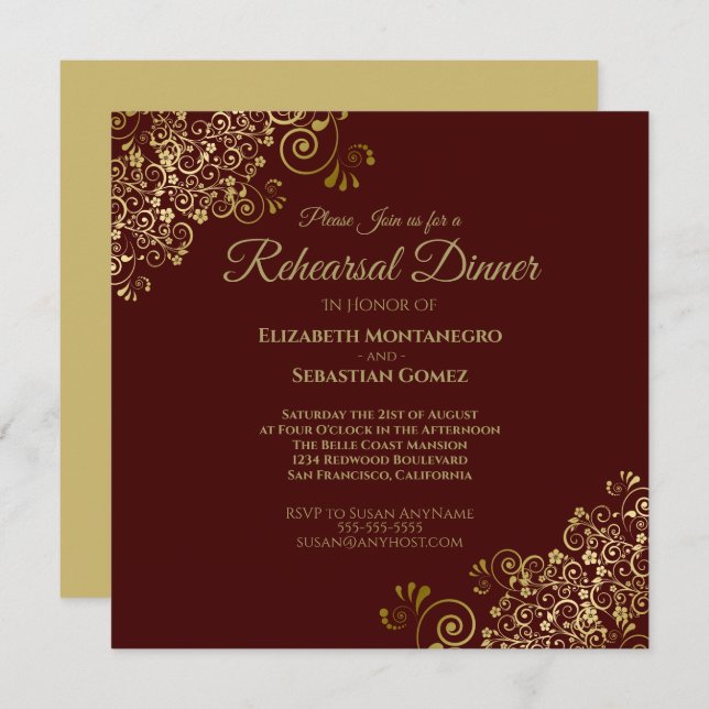 Invitación Plaza de cena de Boda de oro y auburn (Anverso / Reverso)