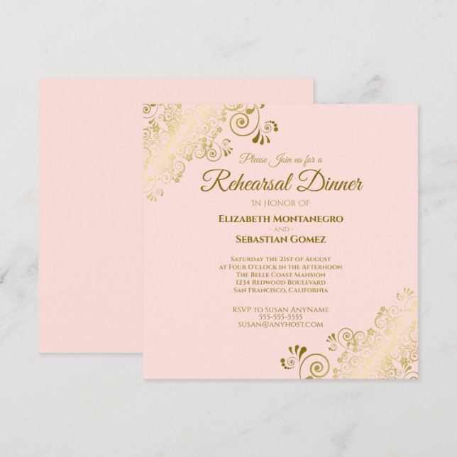 Invitación Plaza de cena de Boda rosa y dorado de Rubor (Anverso / Reverso)