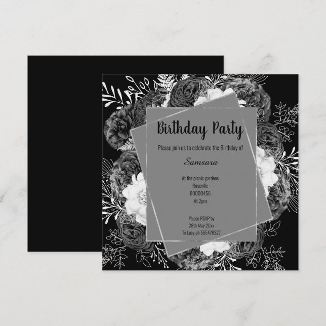 INVITACIÓN PLAZA DE CUMPLEAÑOS DE FLORES NEGROS Y BLANCOS (Anverso / Reverso)