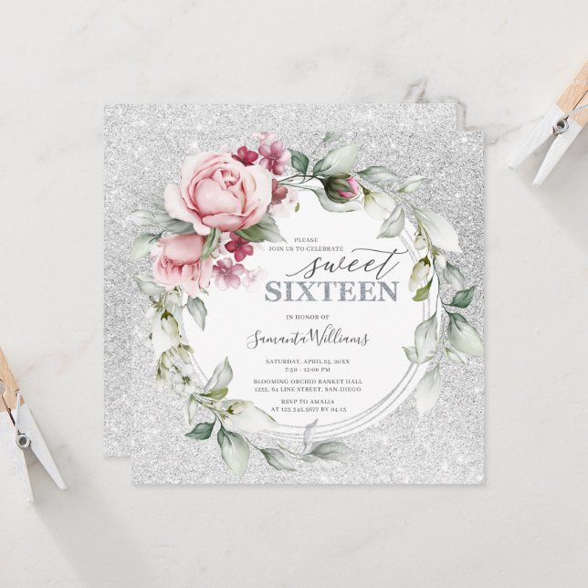Invitación Plaza de Glittering de Cumpleaños 16 | Plata Rosa (Anverso/Reverso In Situ)