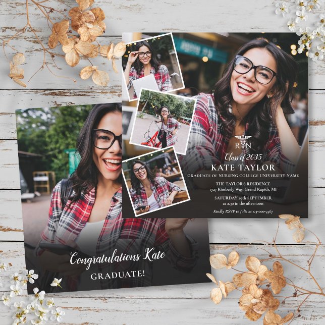 Invitación Plaza de graduación de Collage de fotos de Enferme (RN Nursing Photo Collage Graduation Square Invitation)