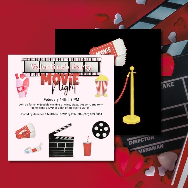 Invitación Plaza de la noche de la película Fiesta de San Val (Valentine's Party Movie Night Square Invitation)