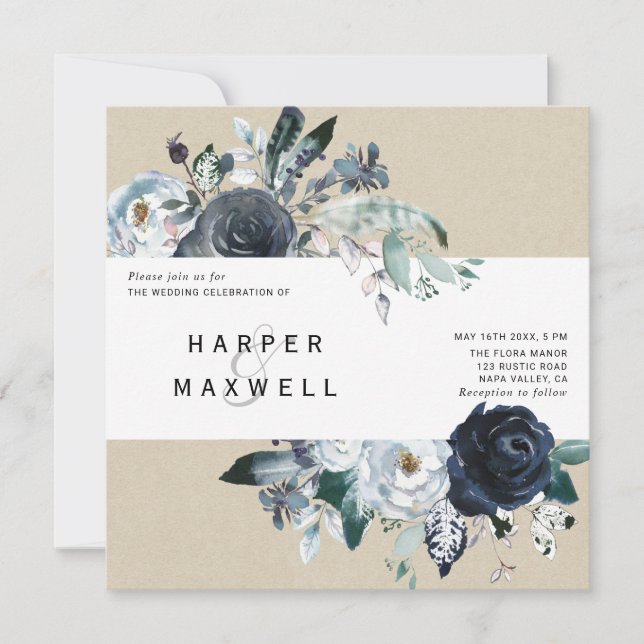 Invitación Plaza del Boda de la Marina Blanca Peony Kraft (Anverso)