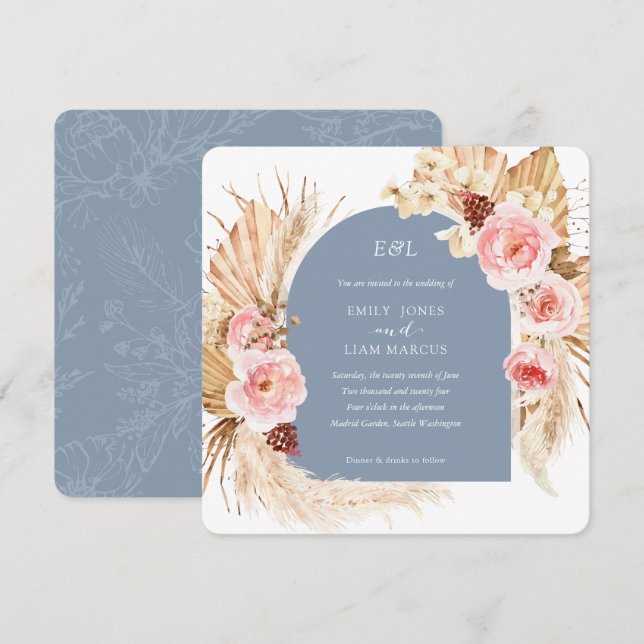 Invitación Plaza floral de Boho de Grass Blue Pampas (Anverso / Reverso)