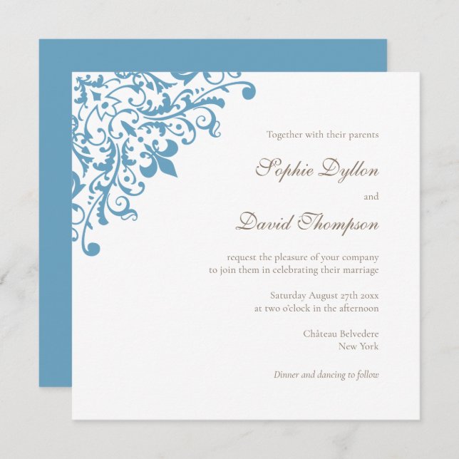 Invitación Plaza Regency French Blue Fleur de Lis (Anverso / Reverso)
