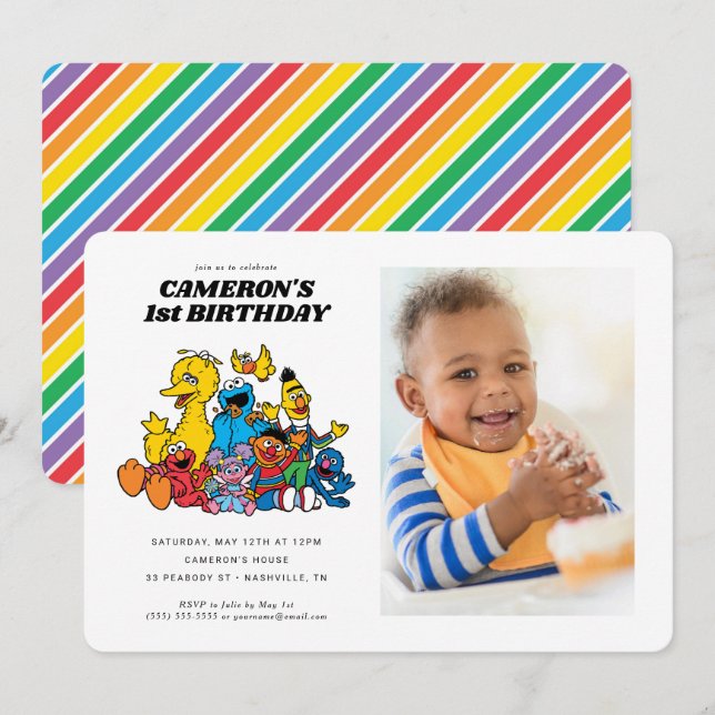 Invitación Plaza Sésamo celebra primer cumpleaños con foto (Anverso / Reverso)