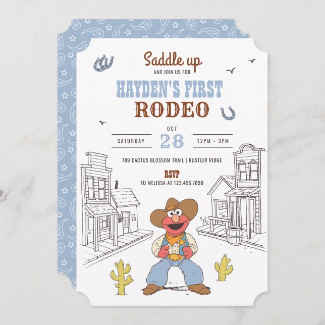 Invitación Plaza Sésamo - Primer cumpleaños de Elmo en Rodeo (Anverso / Reverso)