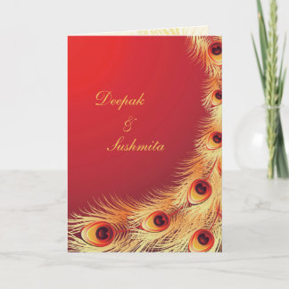 Invitación plegada de Boda rojo de plumas de pavo