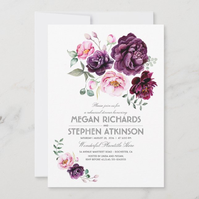 Invitación Plomo Morado Floral Acuarela Ensayo Cena (Anverso)