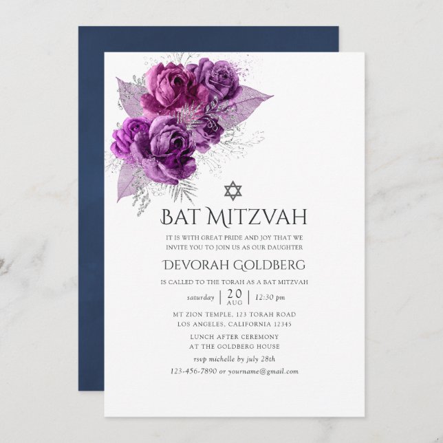Invitación Plomo y acuarela de la marina Floral Bat Mitzvah (Anverso / Reverso)