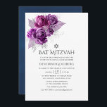 Invitación Plomo y acuarela de la marina Floral Bat Mitzvah<br><div class="desc">Rosas morados de ciruela oscura y purpurinas plateados invitaciones de mitzvah murciélago tropical de follaje con un lavado de acuarela azul marino a la inversa.</div>