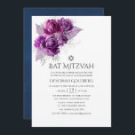 Invitación Plomo y acuarela de la marina Floral Bat Mitzvah<br><div class="desc">Rosas morados de ciruela oscura y purpurinas plateados invitaciones de mitzvah murciélago tropical de follaje con un lavado de acuarela azul marino a la inversa.</div>