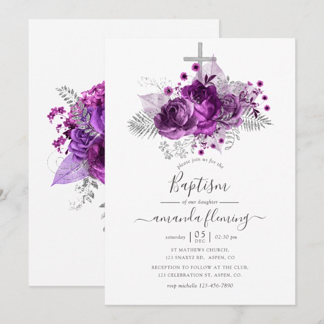 Invitación Plomo y plata acuarela Bautismo floral (Anverso / Reverso)