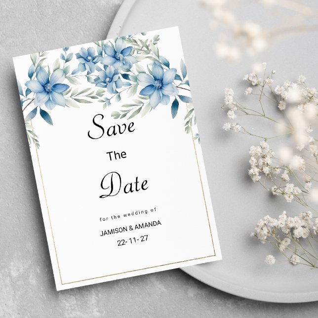 Invitación Ploral de menta azul marino botánico Save The Date (Botanical navy blue mint floral Save The Date)