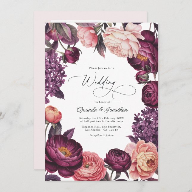 Invitación Plum and Blush Watercolor Floral Wedding Photo (Anverso / Reverso)
