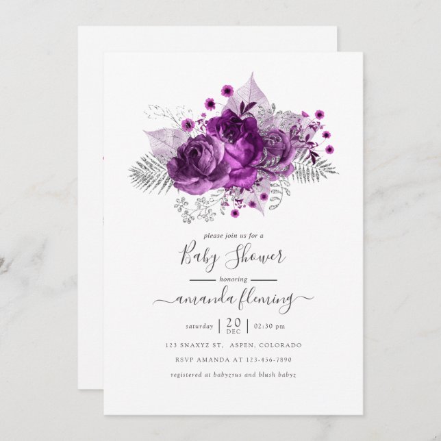 Invitación Plum and Silver Watercolor Floral Baby Shower (Anverso / Reverso)