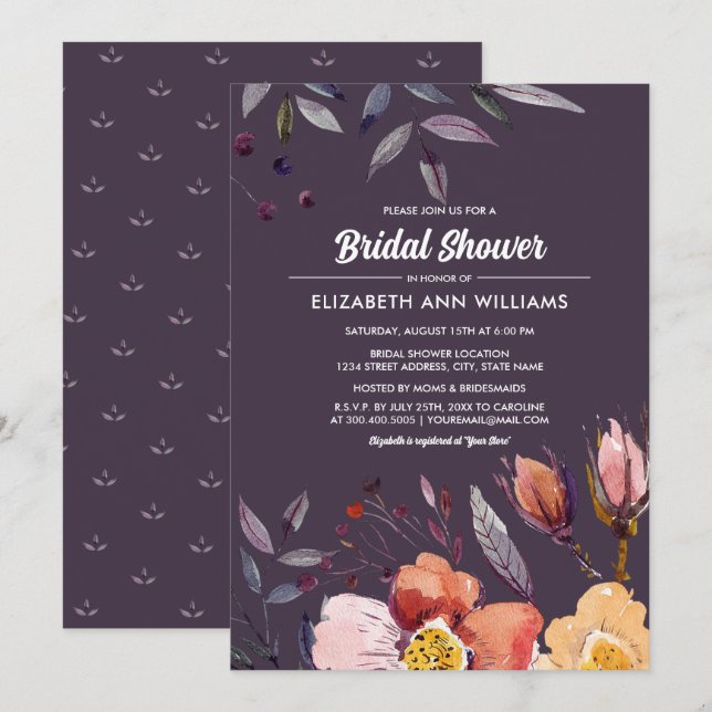 Invitación Plum Autumn Floral Bridal Shower (Anverso / Reverso)