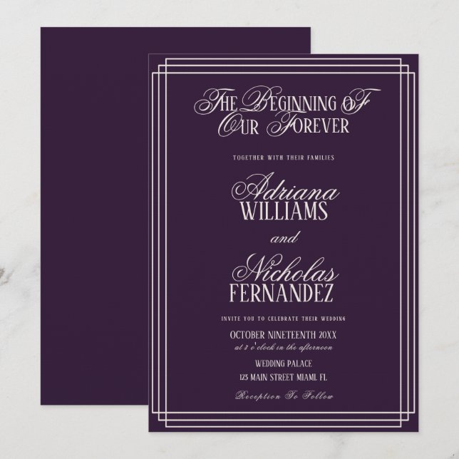 Invitación Plum Beginning Of Our Forever Timeless Wedding (Anverso / Reverso)
