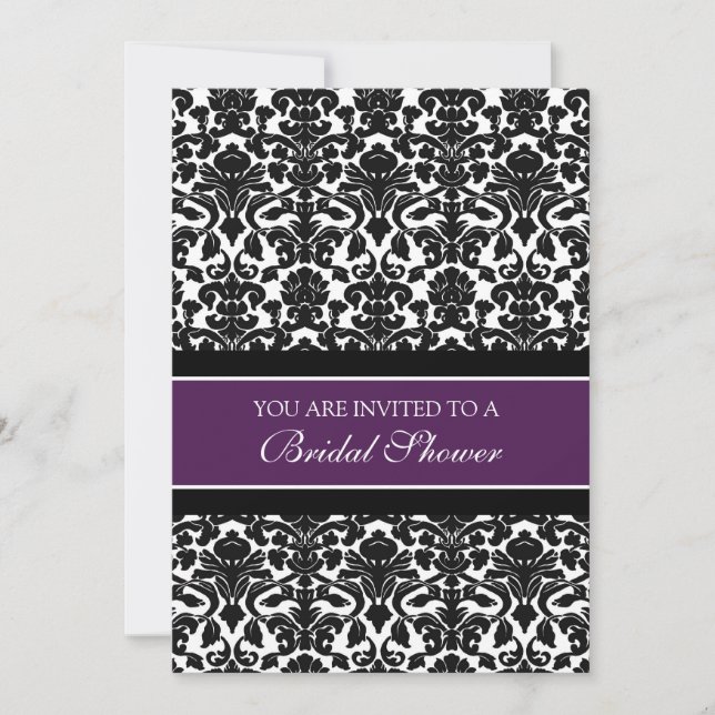 Invitación Plum Black Damask Bridal Shower Invitation Cards (Anverso)