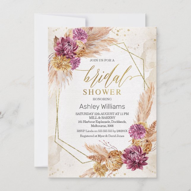 Invitación Plum Boho Pampas Ducha geométrica de novias (Anverso)
