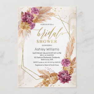 Invitación Plum Boho Pampas Ducha geométrica de novias