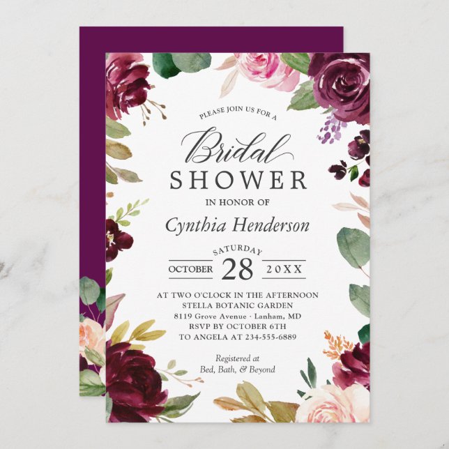 Invitación Plum Burgundy Rubor Floral Classy Bridal Shower (Anverso / Reverso)