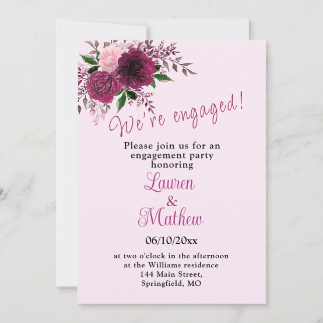 Invitación Plum Burgundy Rubor Pink Floral Engagement Party I (Anverso)