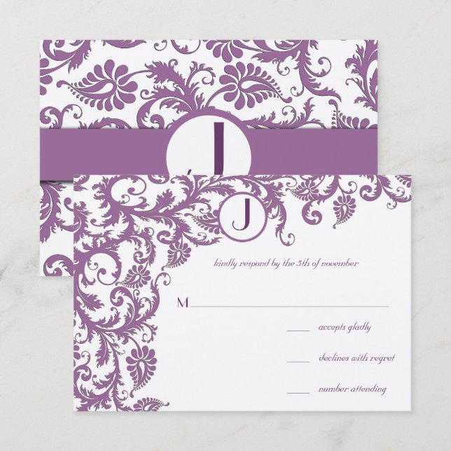 Invitación Plum Damask Monograma Boda (Anverso / Reverso)