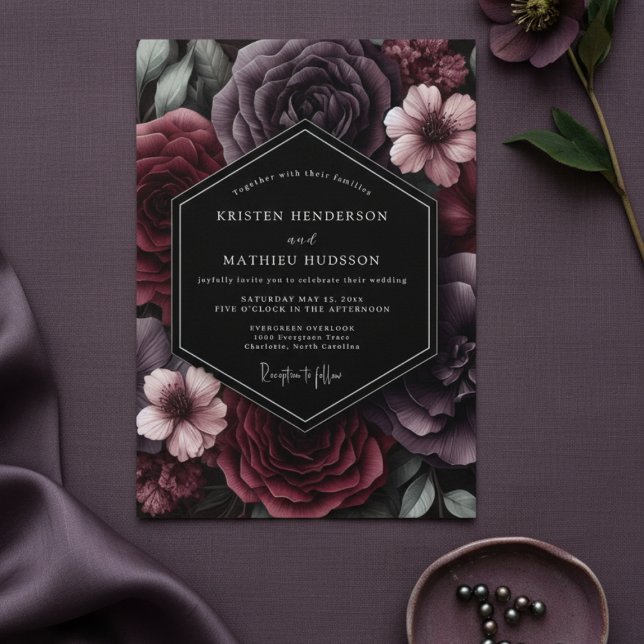 Invitación Plum Dark Bloom Romance Wedding (Subido por el creador)