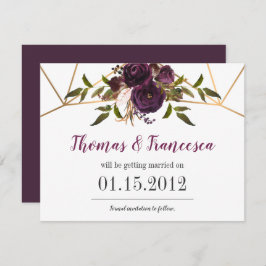 Invitación Plum Floral Faux Gold Geometric Save the Date Card