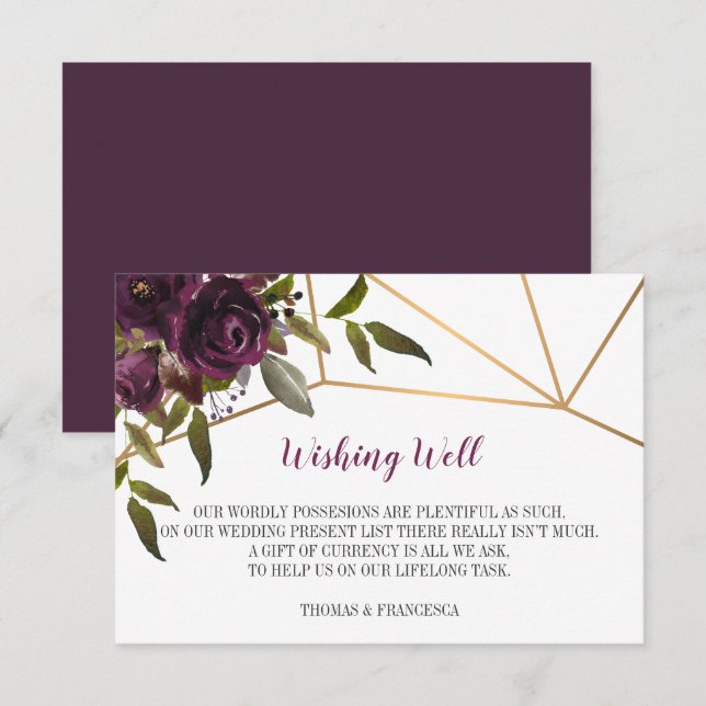 Invitación Plum Floral Faux Gold Geométric Wiwwell Well Card (Anverso / Reverso)