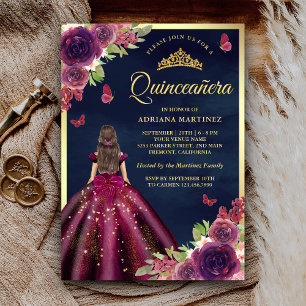 Invitación Plum Floral Mariposa Marina Oro Azul Quinceanera