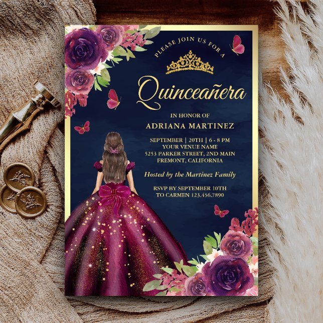 Invitación Plum Floral Mariposa Marina Oro Azul Quinceanera (Subido por el creador)