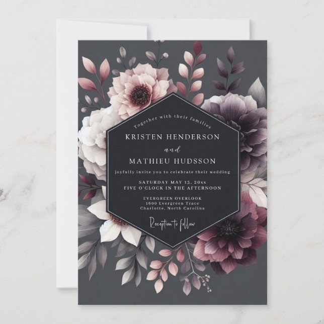 Invitación Plum Floral Moody Romance Wedding (Anverso)