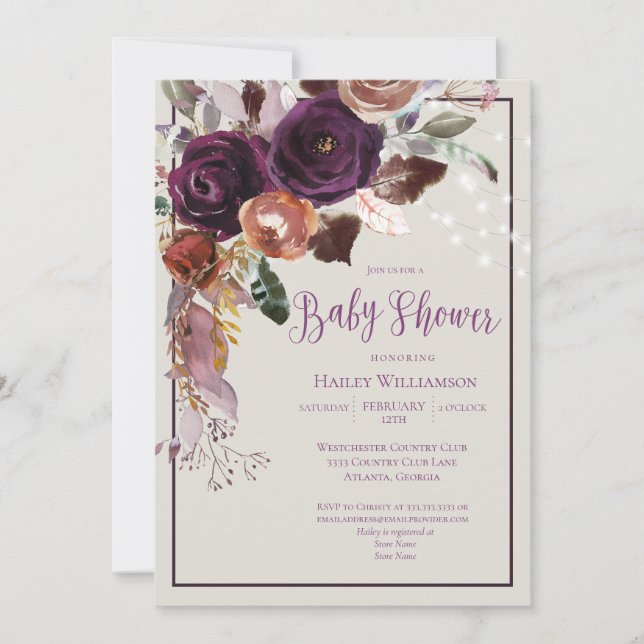 Invitación Plum, Gold, Green Floral String Lights Baby Shower (Anverso)