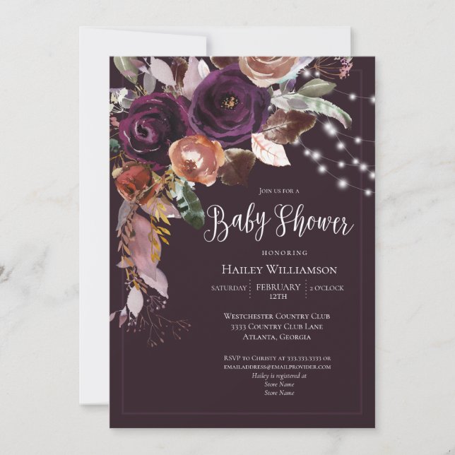 Invitación Plum, Gold, Purple Floral String Light Baby Shower (Anverso)